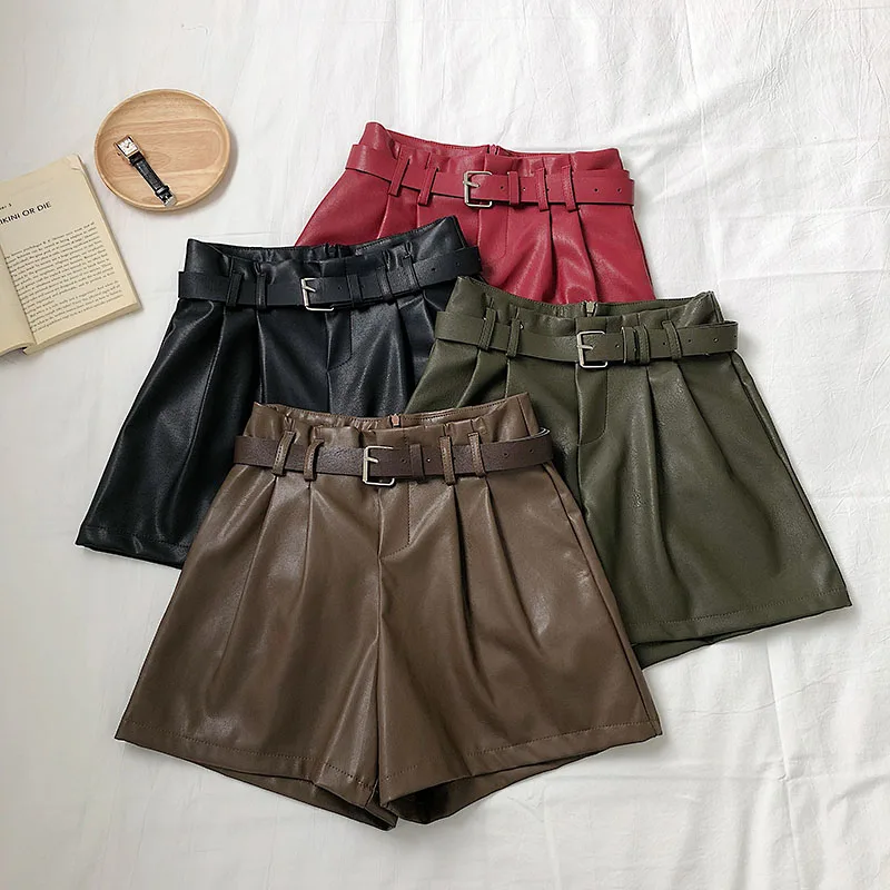 

TYHRU Female Autumn Solid Color PU Wide Leg Fashion High Waist Wild Shorts with Belt
