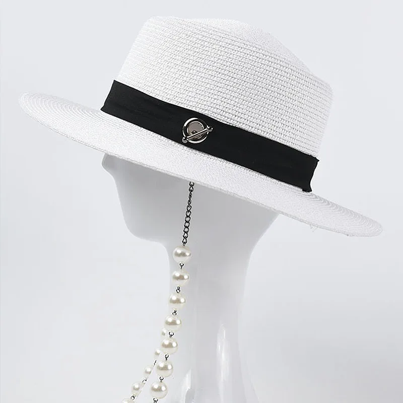 Elegant Women's Summer Hat Sun Protection Cap Female Concave-Convex Flat Wide Brim Hat Pearl Chain Straw Hat Beach Hat Sun Hats 2