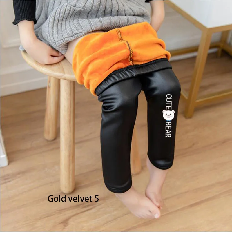 Gold velvet 5 Штаны из искусственной кожи для девочек; сезон осень-зима; плюшевые очень мягкие теплые леггинсы; зимняя верхняя одежда для девочек; штаны для мальчиков - Цвет: Gold velvet 5