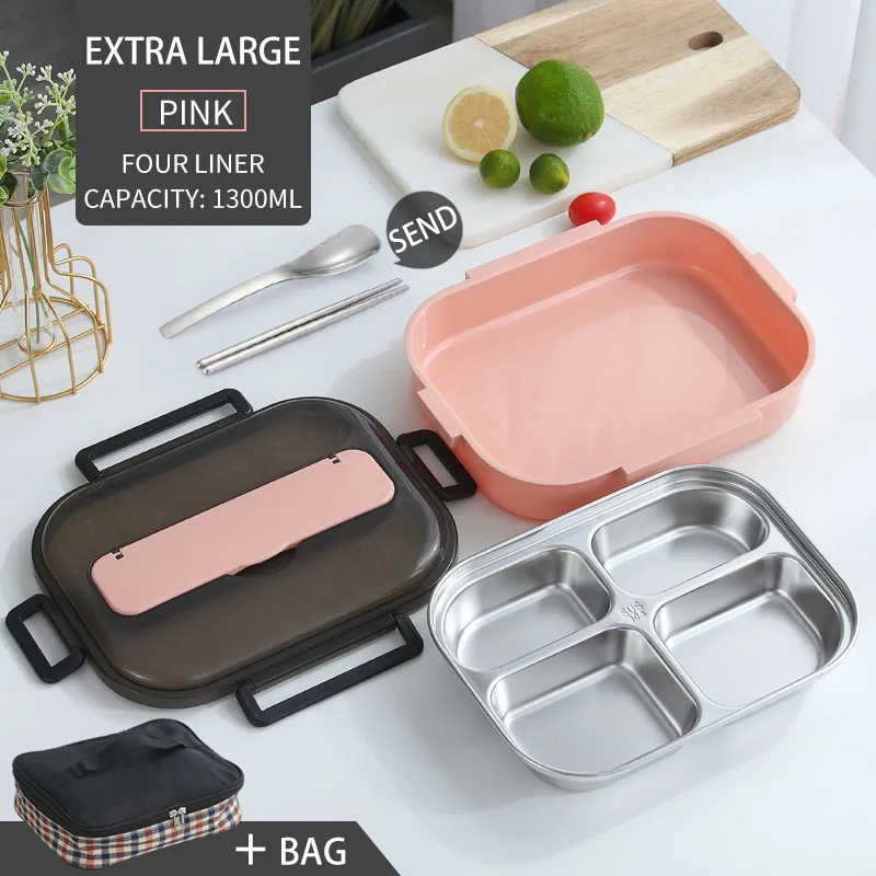 Pink 4 Grid And Bag WORTHBUY Портативный Ланч-бокс для детей, школьный контейнер для еды, 304 нержавеющая сталь, Бенто-бокс с отсеком, коробка для еды для микроволновой печи - Цвет: Pink 4 Grid And Bag
