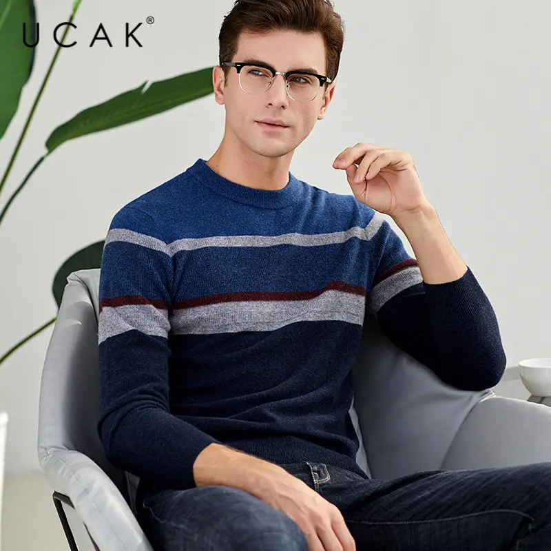 UCAK Brand Merino Wool Sweater Men Fashion Casual Big Striped O-Neck Pull Homme Autumn Winter Thick Cashmere Pullover Men U3042