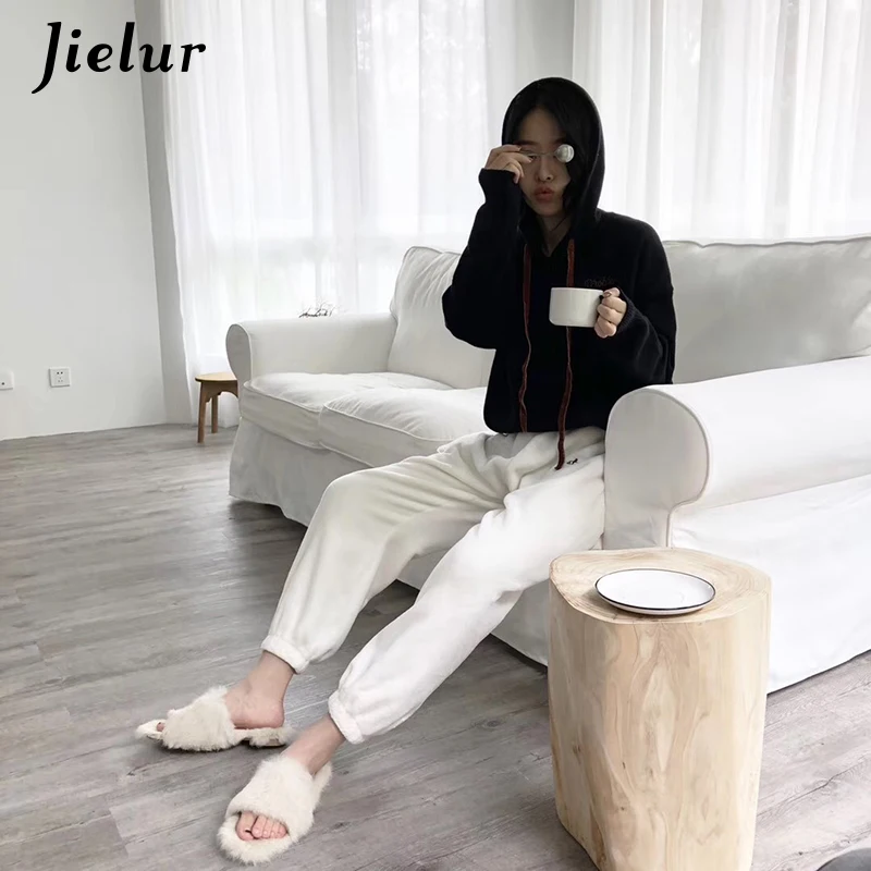 Jielur пижамные штаны Зимняя теплая однотонная мягкая одежда ropa mujer из бархата кораллового цвета для отдыха флисовые штаны с буквенным принтом одежда для сна