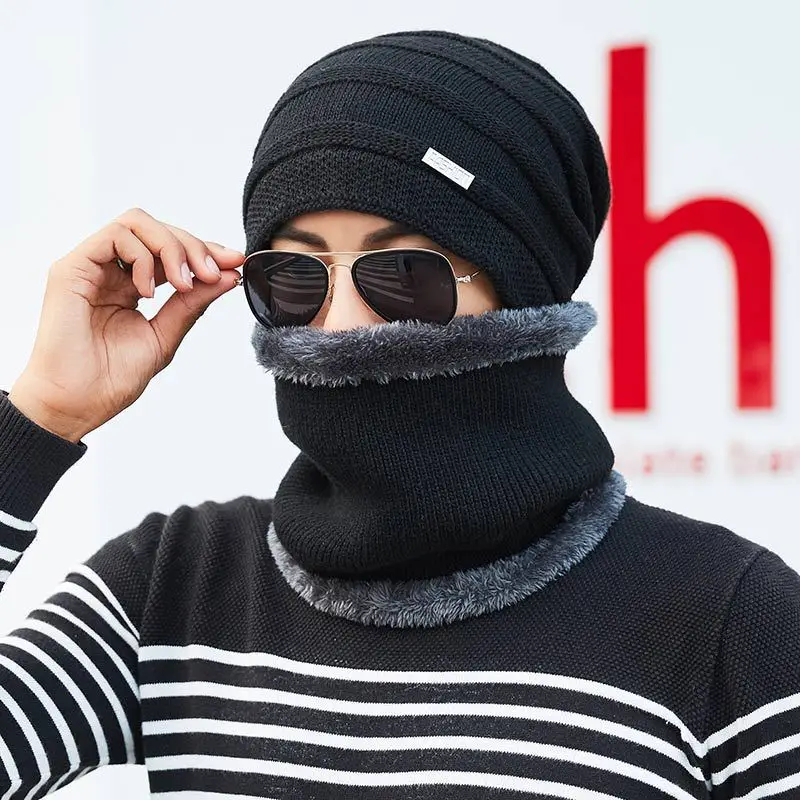 Модная зимняя шапка шарф набор для мужчин утолщенная шерсть Skullies Beains зимнее теплое кольцо для Шляпы шарф женские шапки Мужские высокое качество