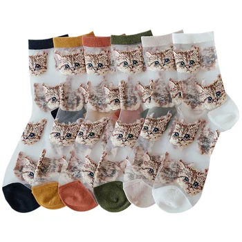 

Dreamlikelin Cute Cat Embroidery Women Socks Summer Fashion Transparent Ultra Thin Lace Silk Crystal Elastic Short Socks