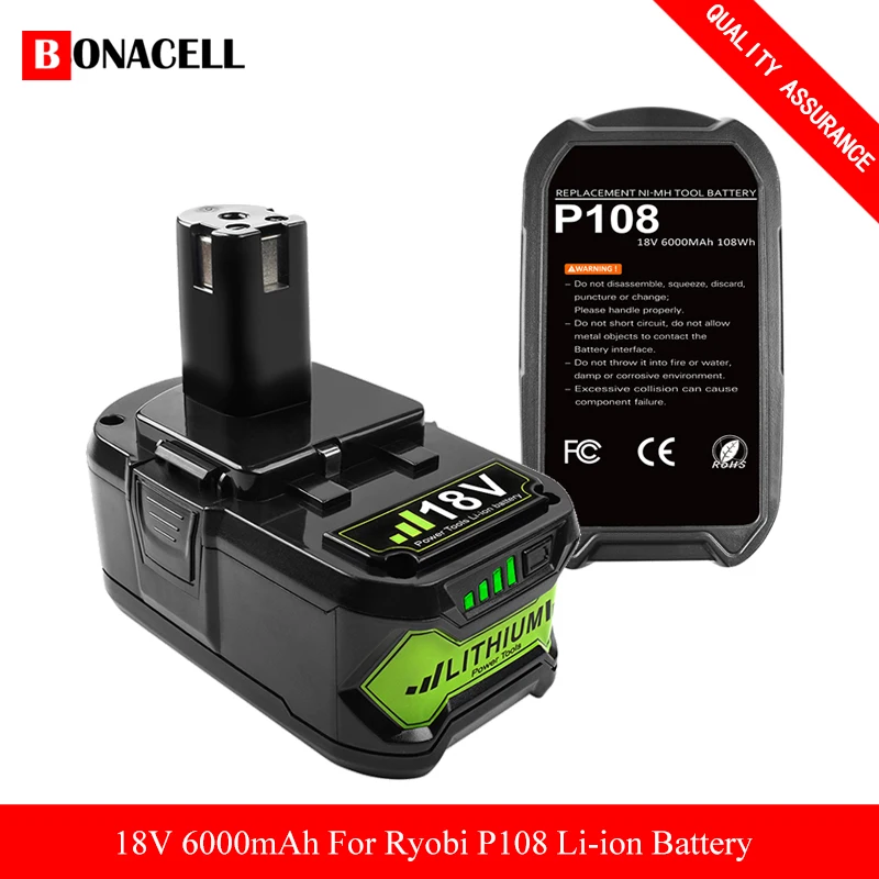 

6.0Ah P108 Battery Replacement for Ryobi 18V Lithium Battery Compatible with Ryobi 18-Volt P102 P103 P104 P105 P107 P190 P122