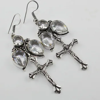 

White Topas Earrings Silver Overlay over Copper , 73 mm, E00814
