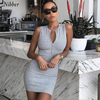 

Nibber simple sleeveless bodycon zipper mini dresses 2020 summer solid street casual Rib package hip dress elastic slim wear