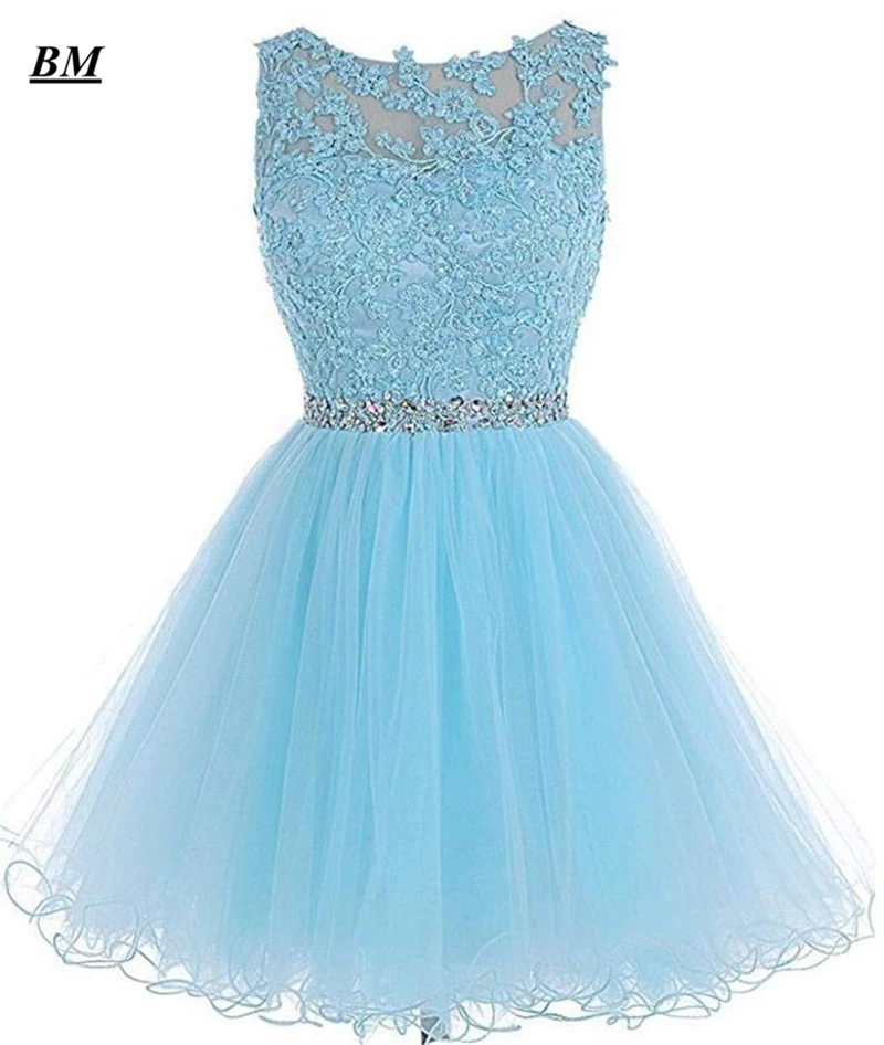 

Newest Blue Short Homecoming Dresses 2019 Beading Tulle Graduation Cocktail Formal Prom Party Gown Vestido de Formatura BM73