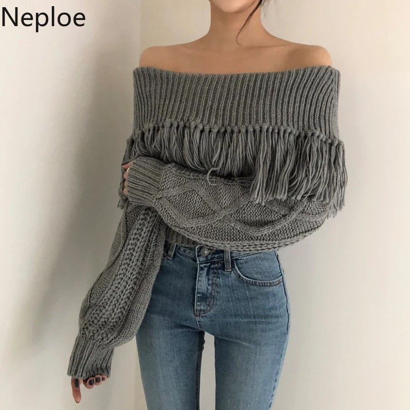 Neploe Ins, Ретро стиль, сексуальный, без бретелек, на плече, с вырезом лодочкой, вязаный свитер с кисточками, дизайн, твист, пуловер, однотонный, Outewar, Pull Femme Hiver