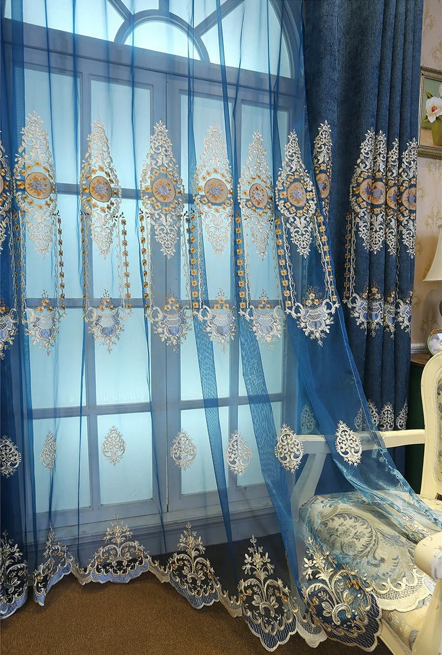 Королевский синий Европейский Роскошные затемненные шторы синель ткань для гостиной спальня отель украшения дома Вышивка Тюль #4