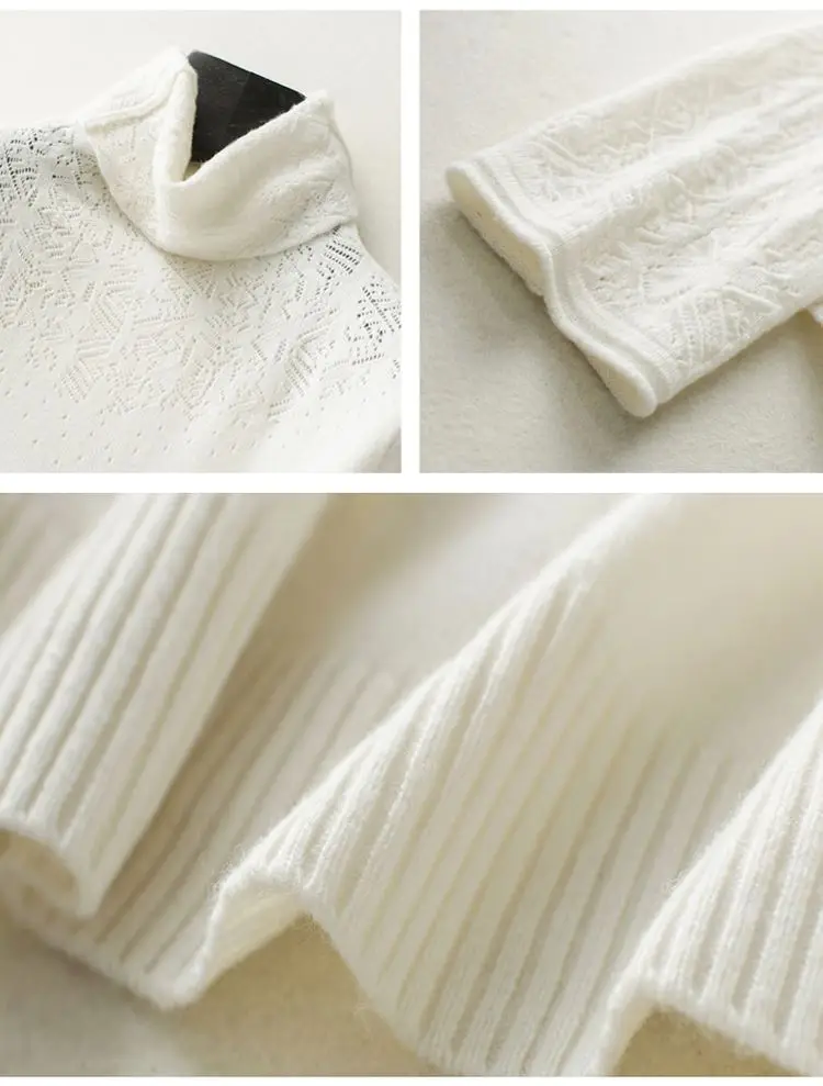 Winter Turtleneck Cashmere Wool Sweaters New Casual Heaps Collar Women Solid Long Hollows Sleeve Pullovers Knitte