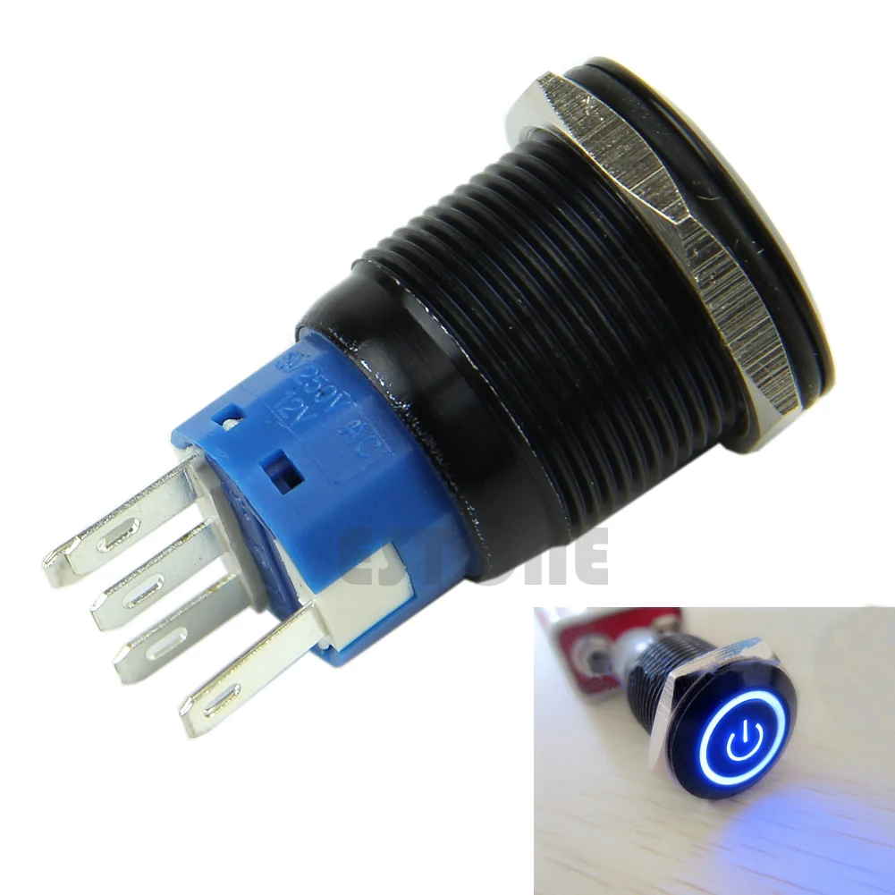 

12V LED Blue Power Symbol 19mm Push Button Metal Switch Black Case ON/OFF