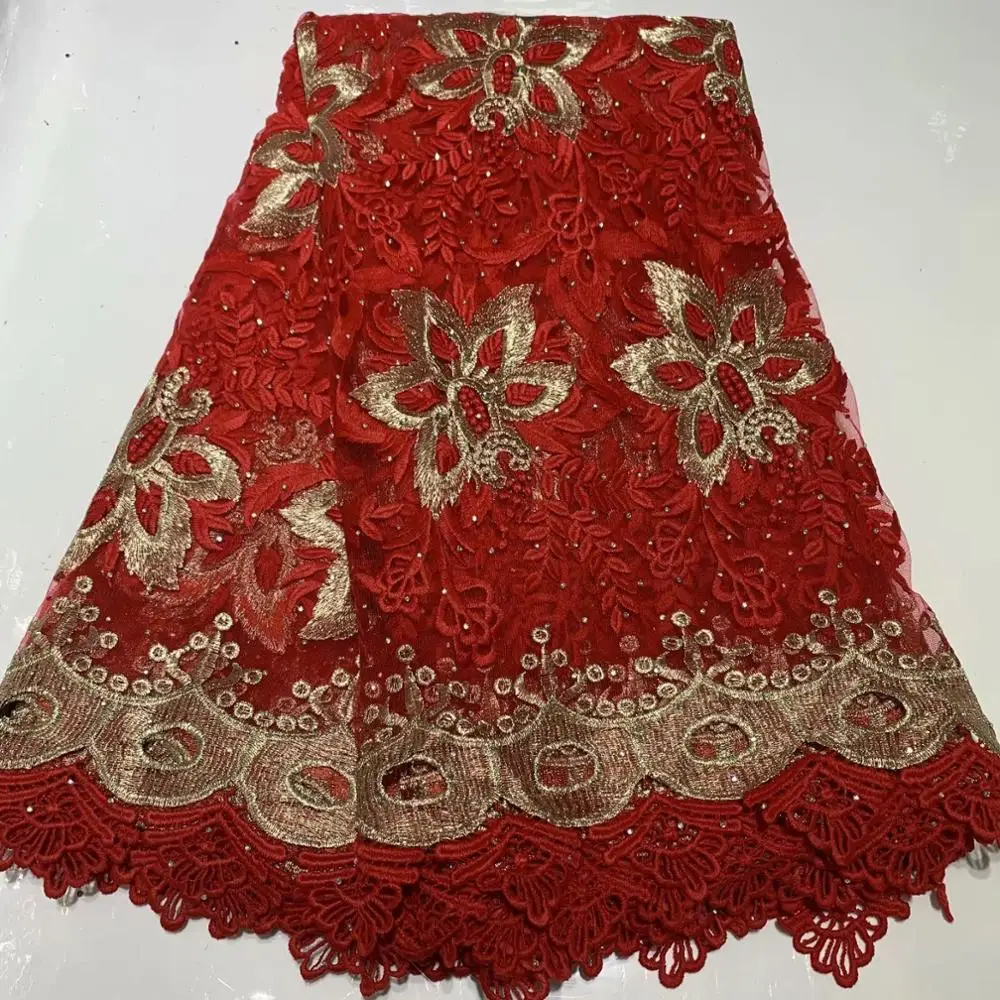 

African Lace Fabric 2019 High Quality Lace Mesh Fabric Beaded Stones Nigerian Gold Lace Fabrics For Party Dress LFB205