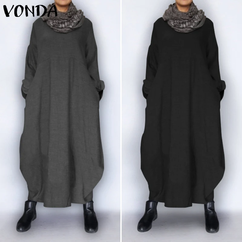 VONDA/осеннее платье, летние винтажные вечерние платья макси с длинным рукавом, повседневные тонкие толстовки размера плюс, Vestido Femme 5XL