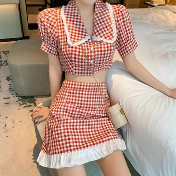 

Japanese Kawaii Bow red Suit Sweet Peter Pan Collar Jk Uniform Shirt Fashion High Waist lattice Skirt+Tee Cute Pleated Two Piece