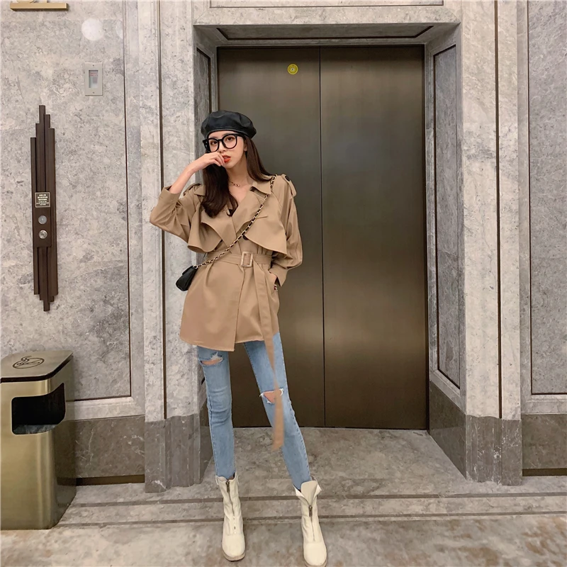Photo Shoot Net Price Short-height Online Celebrity Trench Coat Short Coat Female Line Belt Slimming Loose-Fit Long Sleeve Jacke