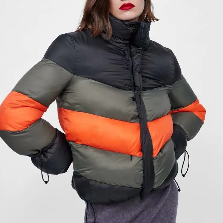 

2018 Winter New Style Krasa Color Block Joint Cotton Coat Jacket Cuff Drawstring Cotton-padded Clothes Women's