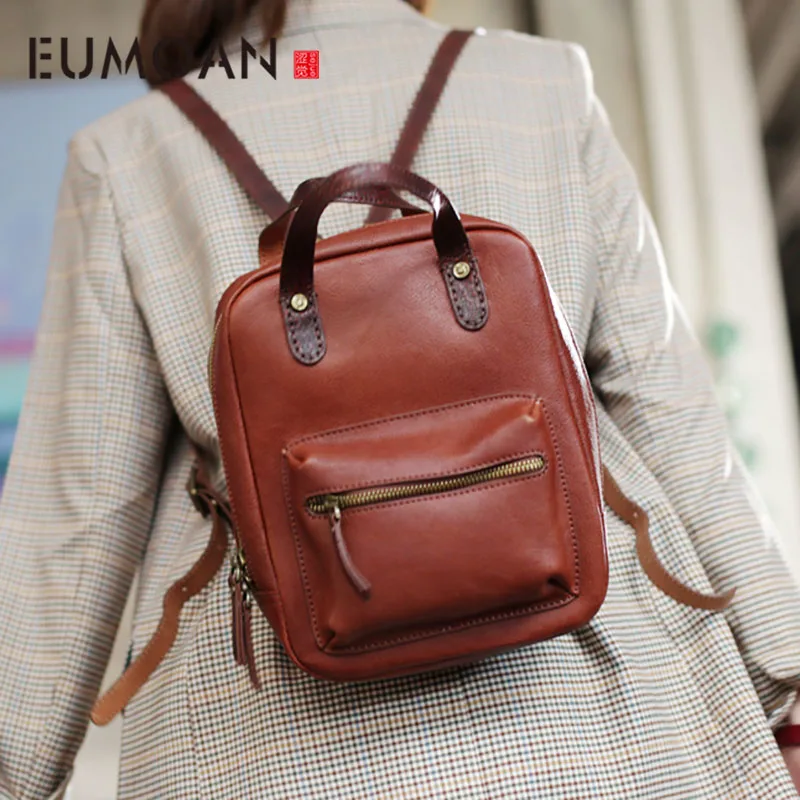 

EUMOAN Leather shoulder bag woman, stylish hundred-pack large-capacity backpack, head leather soft leather small backpack