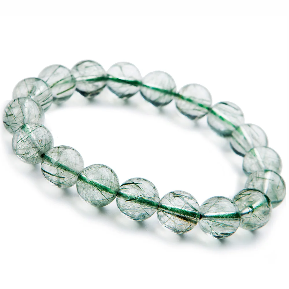 

11mm From Brazil Natural Green Rutilated Quartz Gemstone Bracelet For Women Female Stretch Crystal Round Bead Bracelet AAAAA