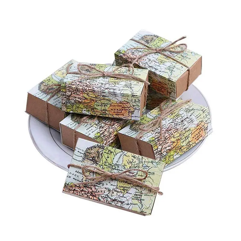 

ABUI-50 Pcs Around the World Map Favor Boxes Vintage Kraft Favor Box Candy Gift bag for Travel Theme Party Wedding Birthday Brid