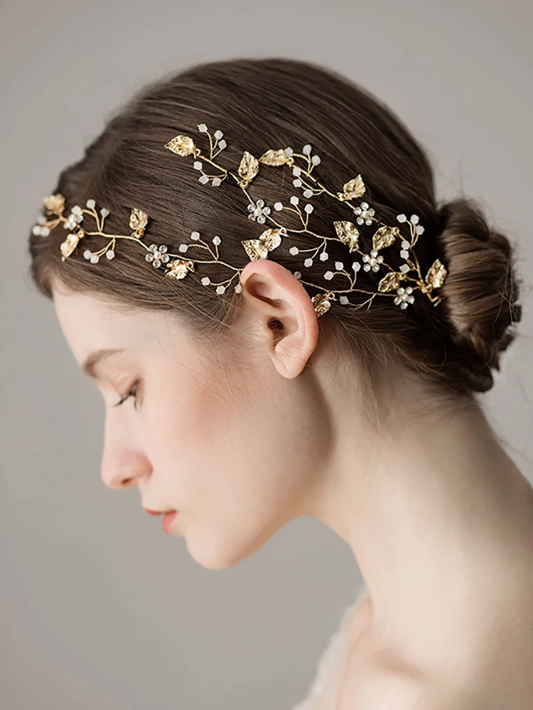 Vintage Bridal Gold Rhinestones Flower And Leaves Handmade Headband Headpiece Wedding Hair Accessories hair accessories bridal hair accessories