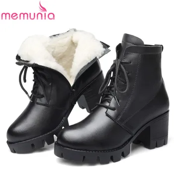 

MEMUNIA 2020 vintage genuine leather ankle boots women round toe square heels platform shoes top quality wool snow boots female