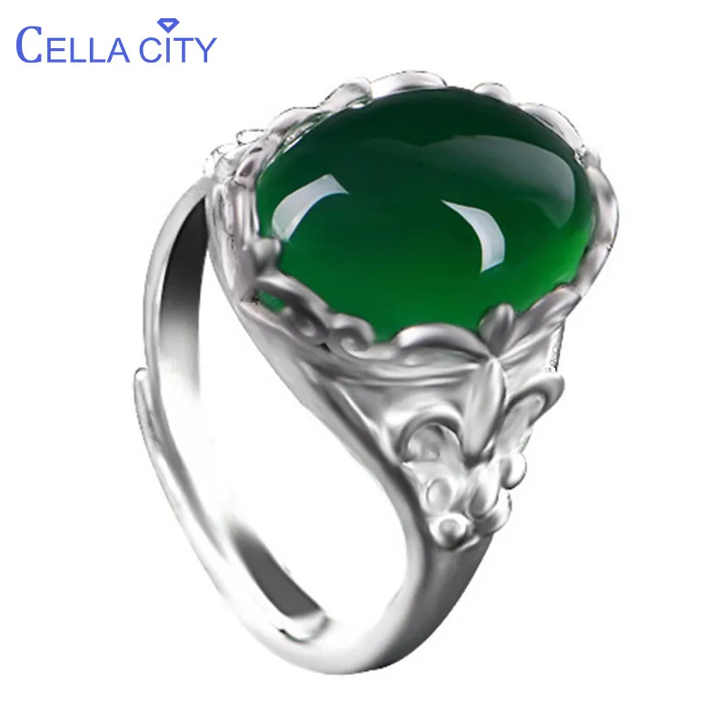 Cellacity Classic Fine Jewelry with Gemstones Silver 925 Ring for Women 15*12mm Green Chalcedony Opening adjustable Female Gift - Цвет камня: Зеленый