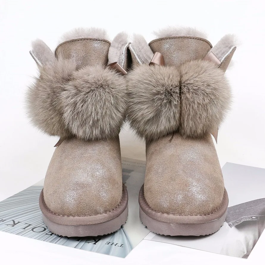 G& Zaco/женские ботинки из овечьей шерсти; зимние ботинки из натуральной кожи на лисьем меху с помпонами; ботинки из коровьей кожи на овечьем меху; теплая зимняя обувь на плоской подошве
