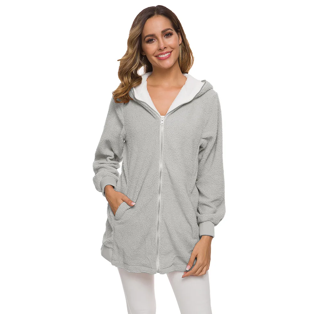 Gray SWIMMART S-5XL, зимнее теплое флисовое пальто с мехом, Женская куртка с длинным рукавом и капюшоном из искусственной овечьей шерсти, верхняя одежда размера плюс, пальто - Цвет: Gray