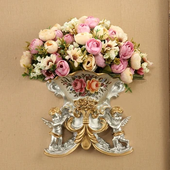 

Europe Wall Hanging Resin Vase+artificial Flower Crafts Mural Decoration Pendant Wall Flower Pots Home Livingroom Wall Ornaments