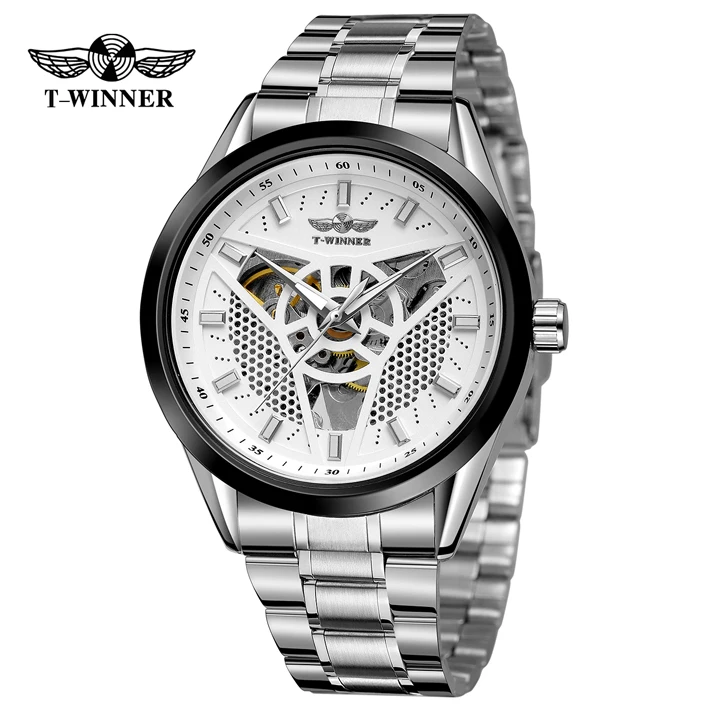 T-WINNER Men Watch Top Brand Mens Luxury Automatic Mechanical Watches Fashion Stainless Steel Skeleton Self Winding Wrist Watch - Цвет: Silver White