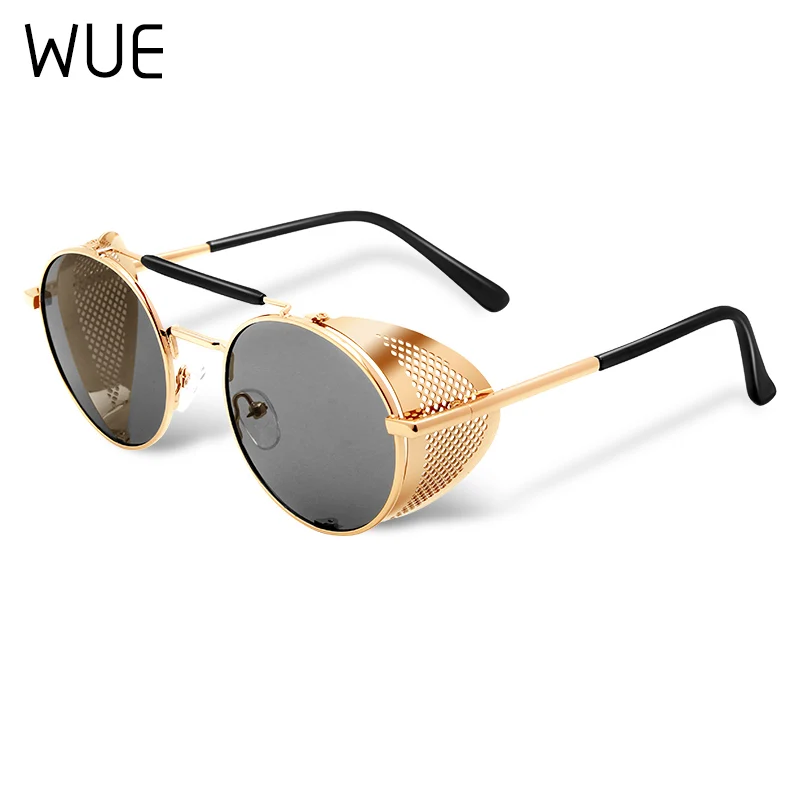 WUE ретро круглые стимпанк Солнцезащитные очки для мужчин и женщин боковая защита очки металлическая оправа готические зеркальные линзы солнцезащитные очки