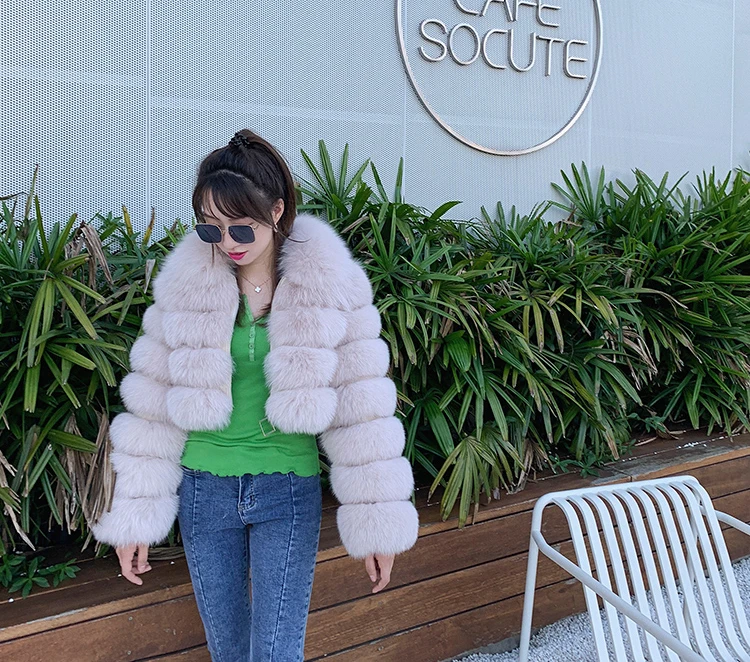 new style real fur coat female winter warm short outerwear zipper up cloth natural fox fur jacket with fur collar