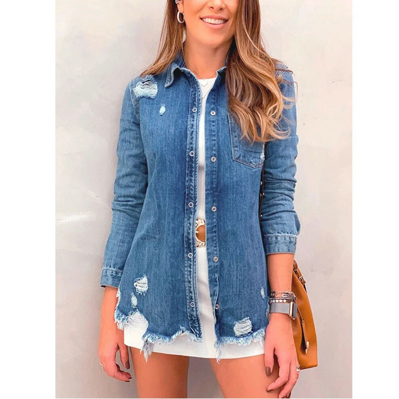 

2019 Denim Jackets Women Hole Boyfriend Style Long Sleeve Vintage Jean jacket Denim Loose Spring Autumn Denim Coat Jean