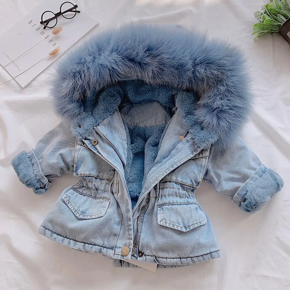 Пальто для малышей, куртки детское теплое плотное джинсовое пальто с капюшоном и искусственным мехом для маленьких девочек верхняя одежда, Модный зимний теплый костюм, одежда, 40