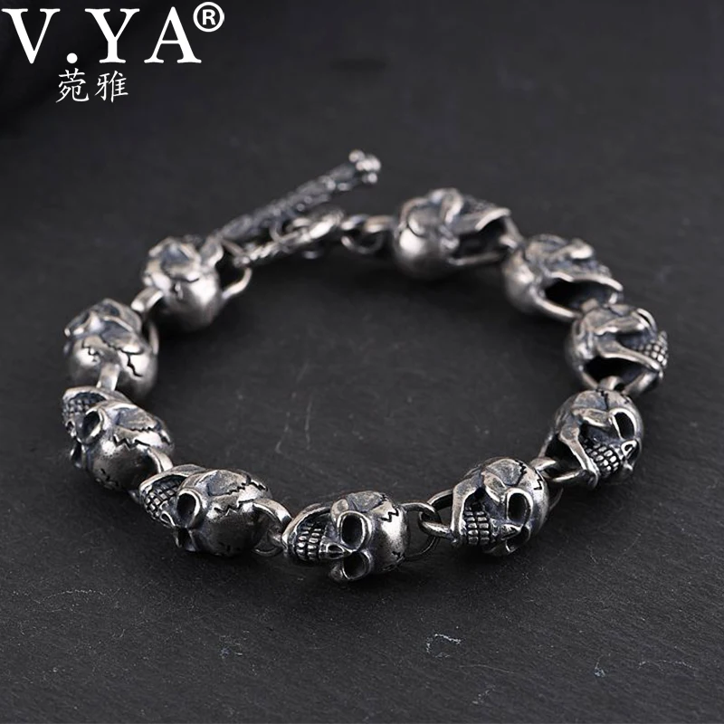 V. YA, Серебряный панк браслет с черепом, 925 пробы, серебряные Длинные Браслеты для мужчин, Череп, очаровательные звенья цепи, мужские готические ювелирные изделия