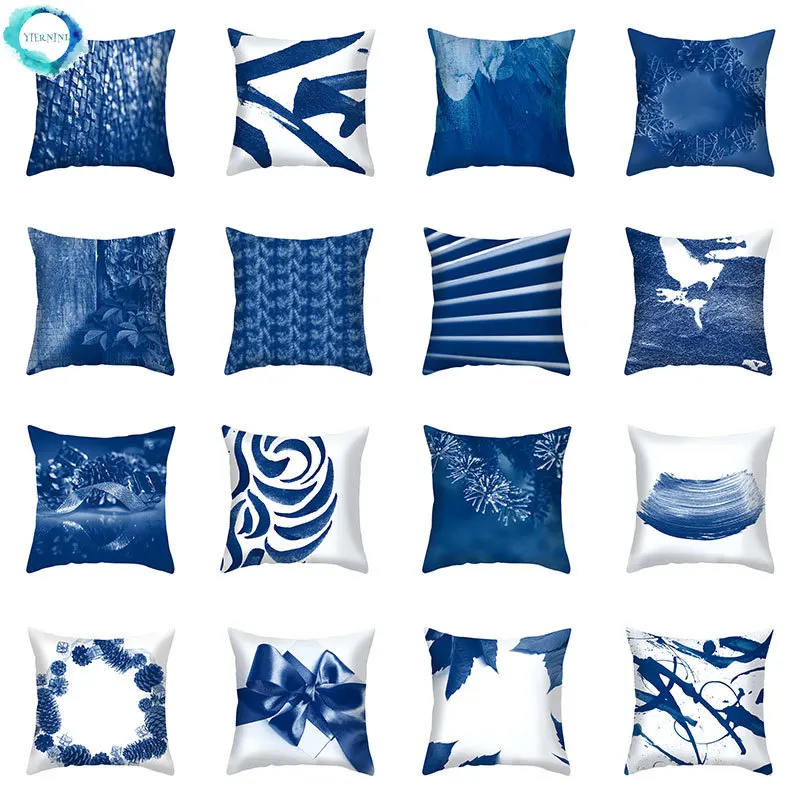 New Blue Pattern Cushion Cover Polyester Cozy Pillowcase Decorations Para Home Bedroom Sofa Decor Soft Pillow 45*45cm | Дом и сад