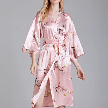 

Fashion Silk Robes for Women Sexy Three Quarter Sleeve Animal Printed peignoir femme V-neck Belt Satin Pajamas Sleepwear