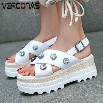 

VERCONAS Women New Arrival Popular Genuine Leather Rhinestones Top Quality Round Toe Thick Bottom High Heels Sandals Shoes Woman