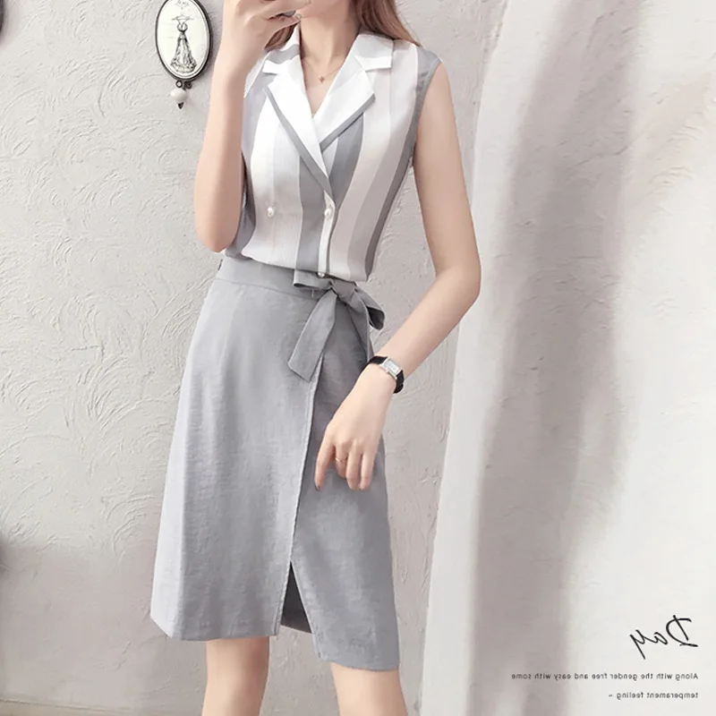 

2019 Summer New Style Fashion Small Fresh WOMEN'S Suit Elegant Ladies' Normcore Style Shirt Skirt Two-Piece Set Summer Wear