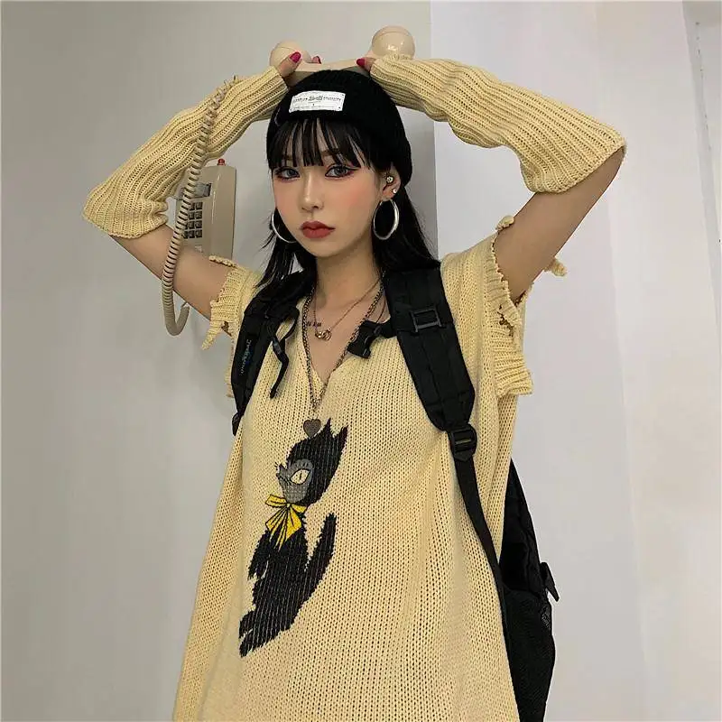 Broken Cool Pullover Sleeveless Sweater 2020 Woman Split V Neck Loose Punk Knit Top Cartoon Cat Autumn Jumper + Knit Arm Warmer Broken Cool Pullover Sleeveless Sweater 2020 Woman Split V Neck Loose Punk Knit Top Cartoon Cat Autumn Jumper + Knit Arm Warmer