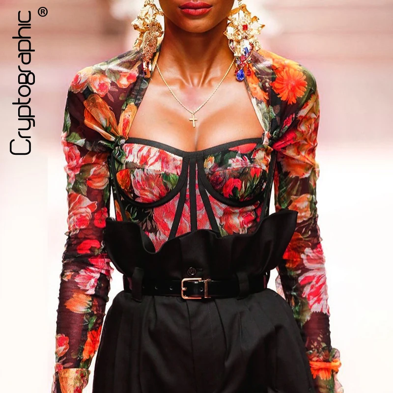 Beste Cryptografische Sexy Backless Fashion Bloemenprint Blouses Vrouwen Tops Shirt Korte Vierkante Kraag Cropped Tops Slim Hot Streetwear