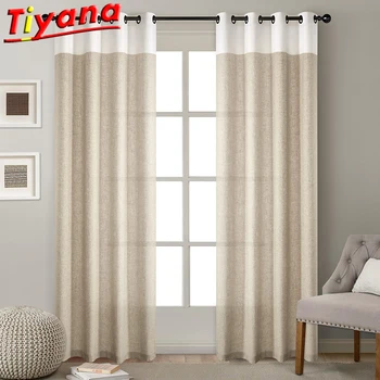 

1 PC Grommet Top Modern Simple Cotton Linen Solid Color Stitching Curtains for Living Room Semi-Blackout Curtains for Bedroom*VT