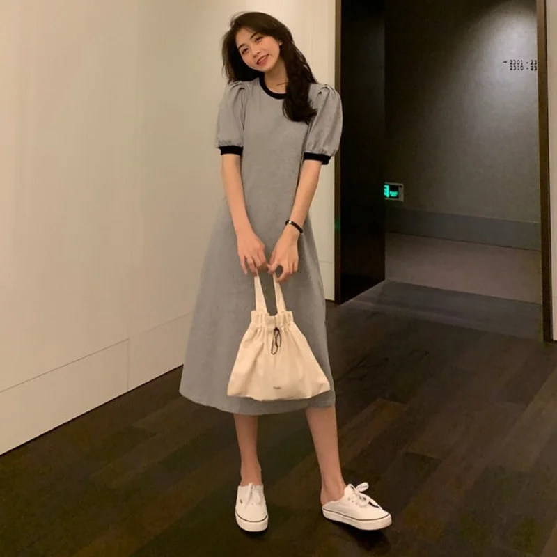 

Dresses Women Short Lantern Sleeve Soft Mid-calf Elegant Streetwear Korean Summer Casual Patchwork Female Simple Dress Cozy Slim