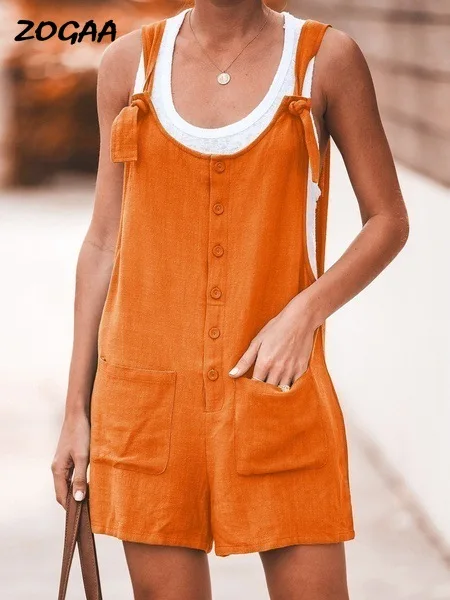 

ZOGAA Cotton Linen Women Rompers Button Pocket Lady Playsuits Sexy Backless Straps Tank Jumpsuits Summer Casual Loose Overalls