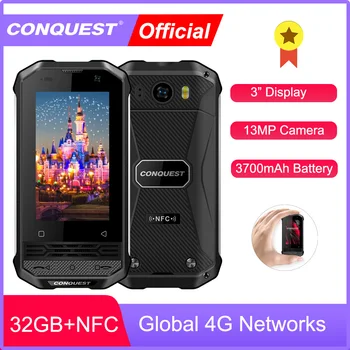 Перейти на Алиэкспресс и купить CONQUEST мини телефон F2 IP68 Водонепроницаемый прочный смартфон мобильный телефон отпечатков пальцев NFC Android 4 аппарат не привязан к оператору сот...