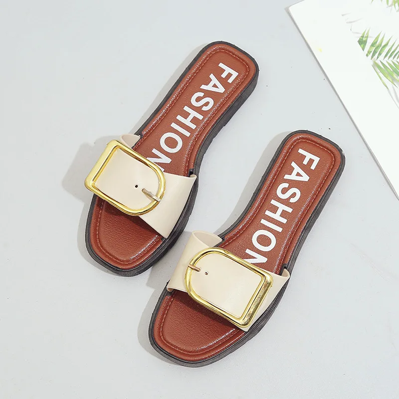 

2018 Summer New Style Square Buckle Sandals Flat Anti-slip Soft-Sole Beach Slippers Sweet Flat Heel Versatile Sandals