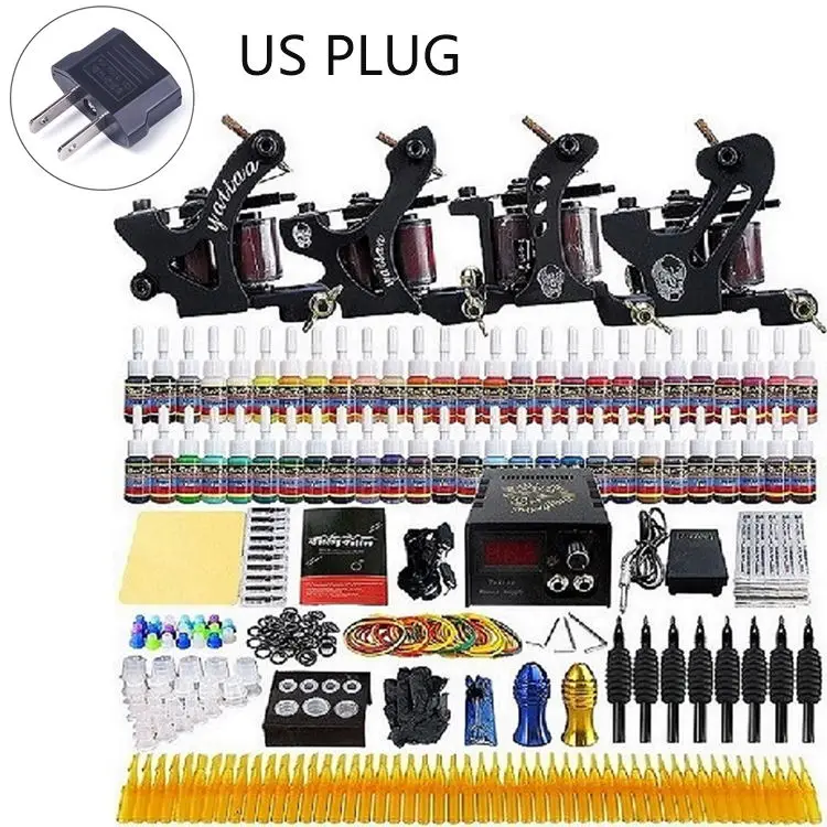 Профессиональный набор для татуировок 4 Татто машины 10 катушечный пистолет Электропитание педаль игла для чернил наконечник Рукоятка аксессуары набор тату художников - Цвет: US Plug
