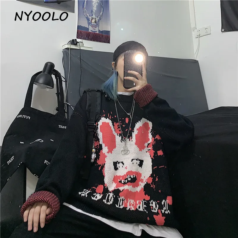 NYOOLO, винтажная уличная одежда, кровавый кролик, утолщенный теплый свитер, Осень-зима, длинный рукав, Круглый ворот, пуловер, вязаный свитер для женщин и мужчин