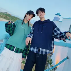 2019 Осенняя новая Корейская версия мужской поддельные два с капюшоном сшивание толстовки клетчатое пальто студенческие влюбленные хип-хоп